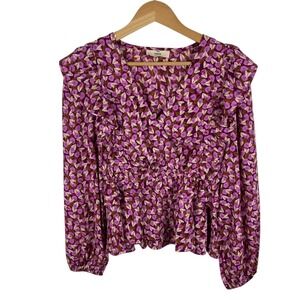 Entro Floral Bee Ruffle Blouse Small Long Sleeve V-Neck‎ Lightweight Peplum Boho